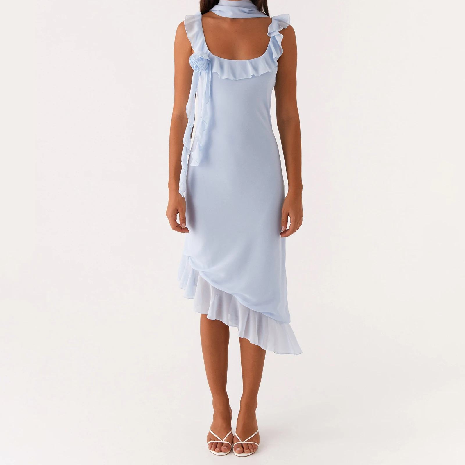 2025 elegante feminino verão midi tanque vestido u pescoço plissado guarnição 3d flor apliques em camadas decoração vestido com lenço