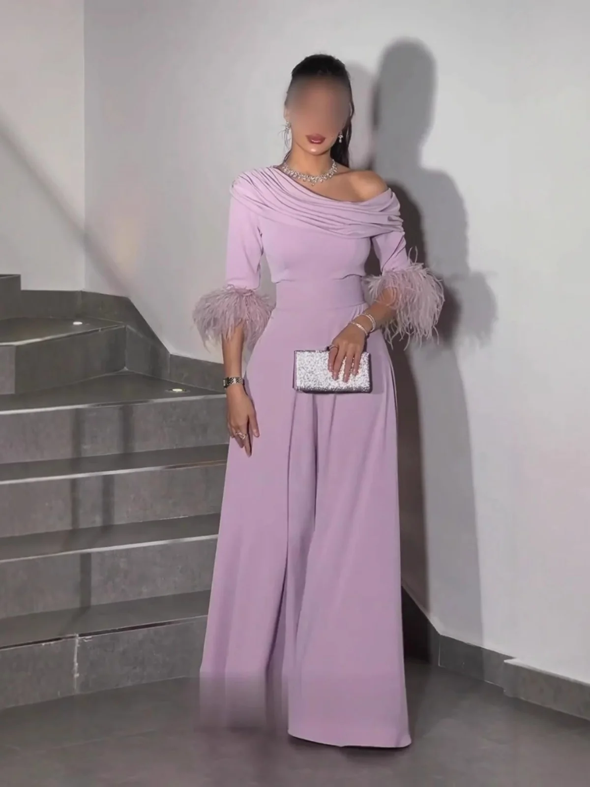 Faionable Lose Einteilige Sexy Feder Patchwork Diagonal oulder Dr Hohe Taille Lange Hosen frauen Spezielle Kleidung