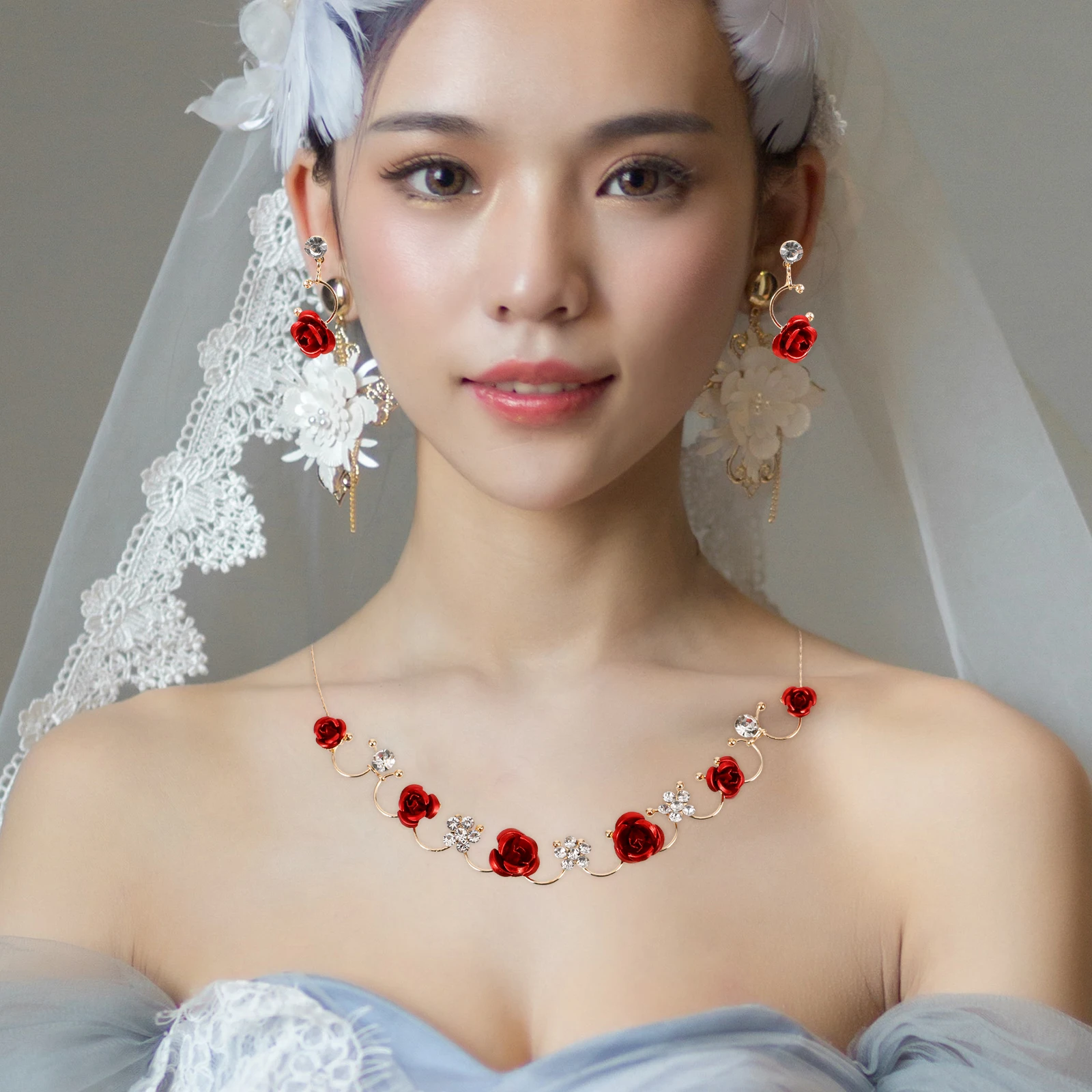 

Bridal Jewelry Set Red Rose Rhinestone Necklace Earrings Wristb Wedding Banquet Accessories Women Glamorous Bride