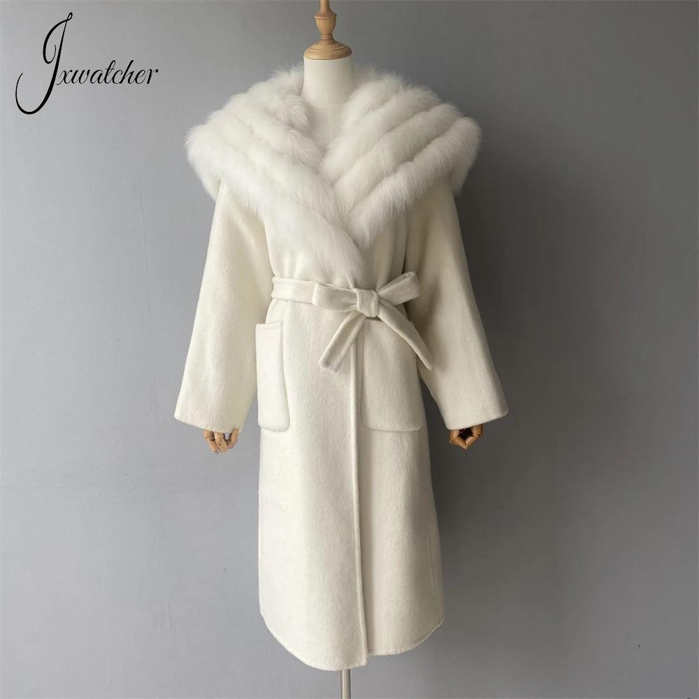 Jxwatcher Women's Wool Coat Real Fox Fur Trim Long Wool Coats Ladies Fall Winter Fashion Warm New In Outerwear Solid Color 2024