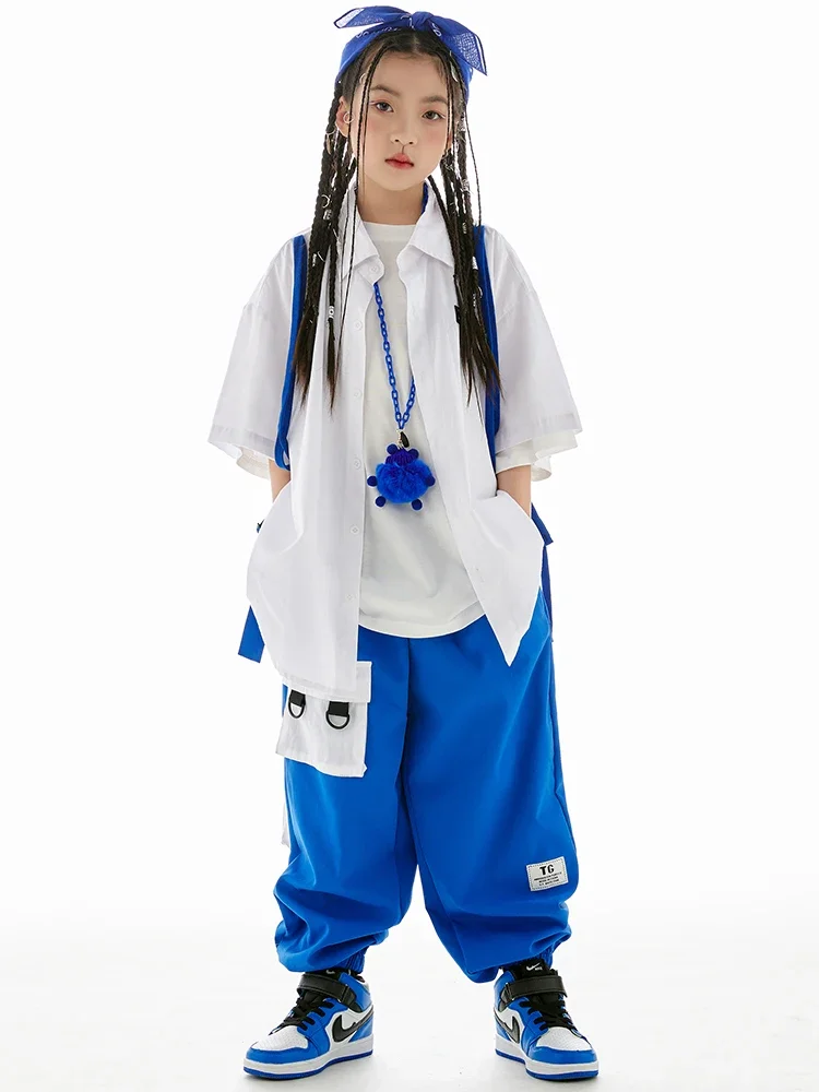 Kinder Hip Hop Kostüm Street Dance Outfits Mode Weißes Hemd Blaue Hosen Jungen Hiphop Leistung Kleidung Mädchen Tragen