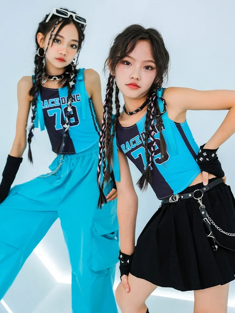 Blue Vest Pants Cool Skirt Hip Hop Clothing Teenagers Concert Stage Performance Suits Girls Kpop Outfits Jazz Dance Costume