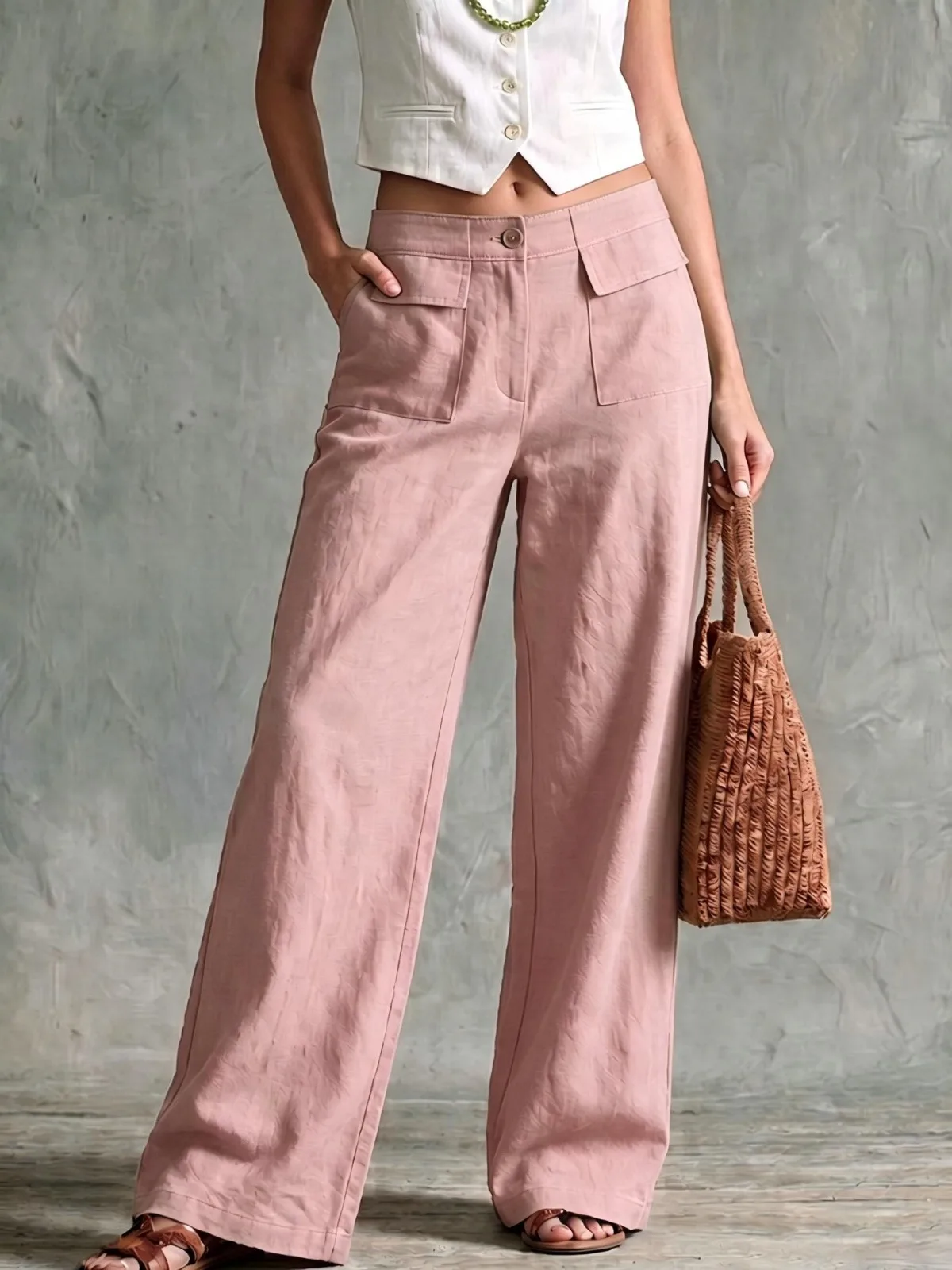 Women's Casual Solid Wide Leg Long Pants High Waist Front Patch Pockets Loose Straight Trousers Autumn Winter Daily Wear Bottoms