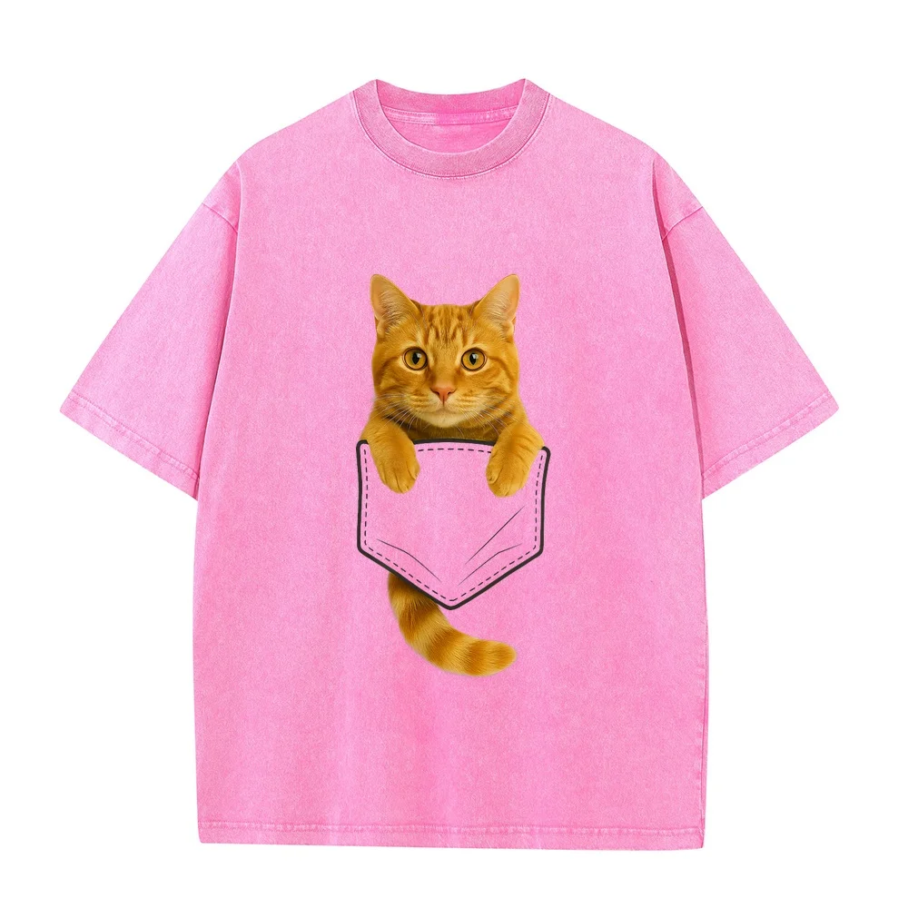 Cute Tabby Cat Pocket Funny Gifts Mom Dad Lover T-Shirt Y2k Graphic Tee Men Fashion Big Size Men's Clothes Short Sleeve Cotton