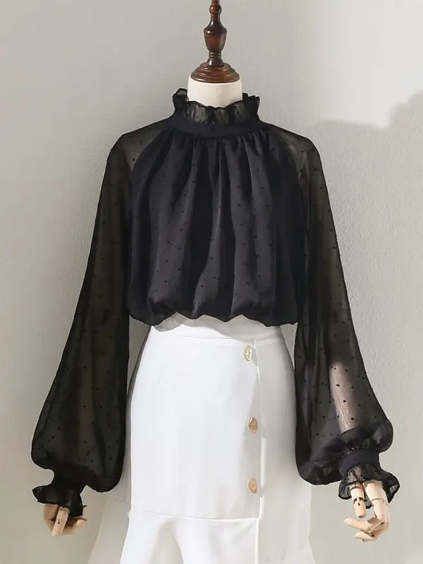 

Black Polka Dot Fungus Collar Shirt for Women 2025 Spring and Autumn New Style Lantern Sleeve Stand Collar Thin Versatile Top