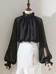 Black Polka Dot Fungus Collar Shirt for Women 2025 Spring and Autumn New Style Lantern Sleeve Stand Collar Thin Versatile Top