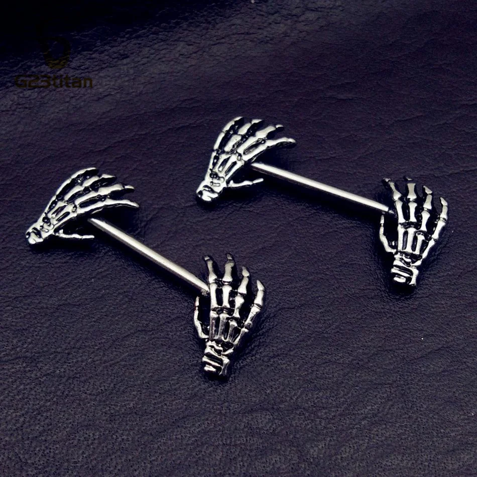 Women Men Nipple Ring Demon Claw Skeleton Hand Design 14G Surgical Titanium Steel Barbell Punk Gothic Body Piercing Jewelry 2pcs image 2