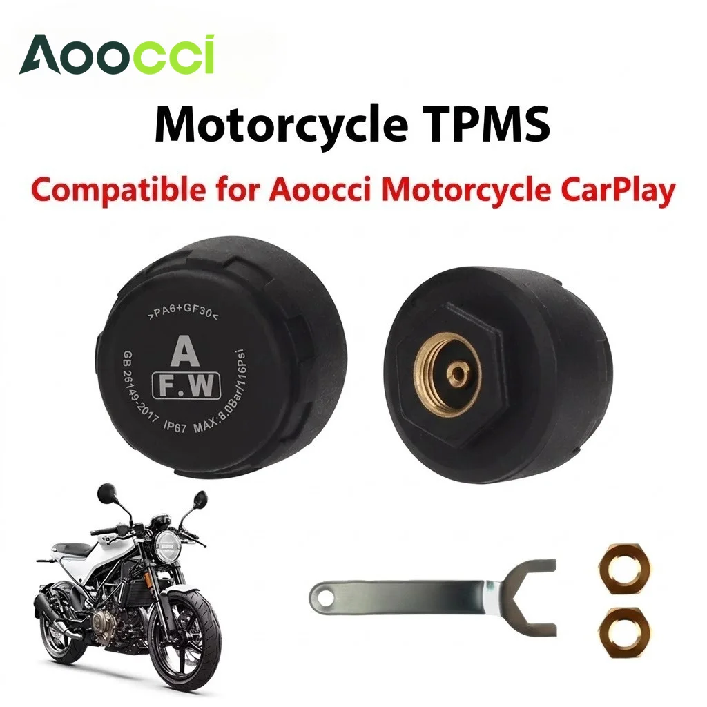 Czujnik TPMS do motocykla Aoocci, Bluetooth, monitorowanie ciśnienia i temperatury opon, 2 czujniki, wodoodporność IP67, akcesoria do motocykli.