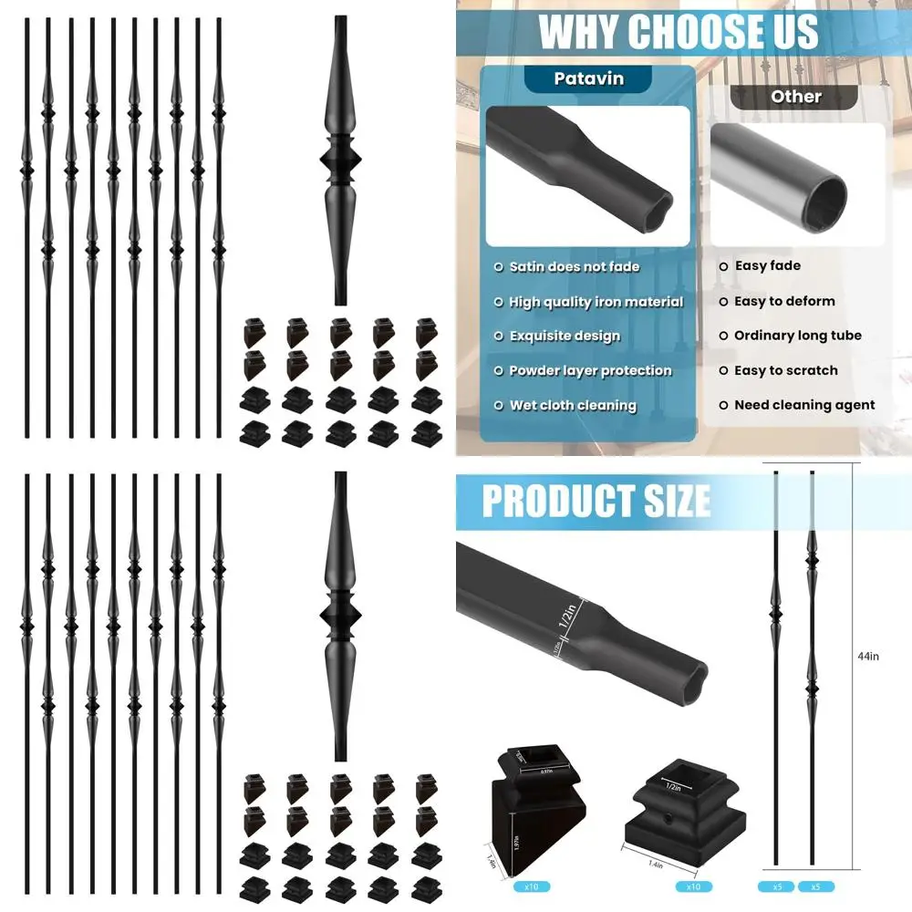 

Комплект из 10 железных балясин для лестниц — полые квадратные металлические шпиндели 1/2 с одинарными и двойными ложками, включает 10 плоских и 10 шт.