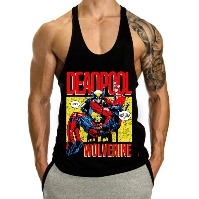 

Летние мужские I-образные майки с графикой Росомаха и Дэдпула Marvel Merch, жилет из 100% хлопка, рубашка без рукавов с мышцами для фитнеса, топы