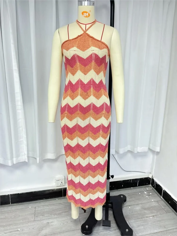 

Beachwear Summer New Neck Halter Dresses For Woman Sexy Hollow Out Holiday Seaside Dress Printed Bodycon vestidos Contrast Slim