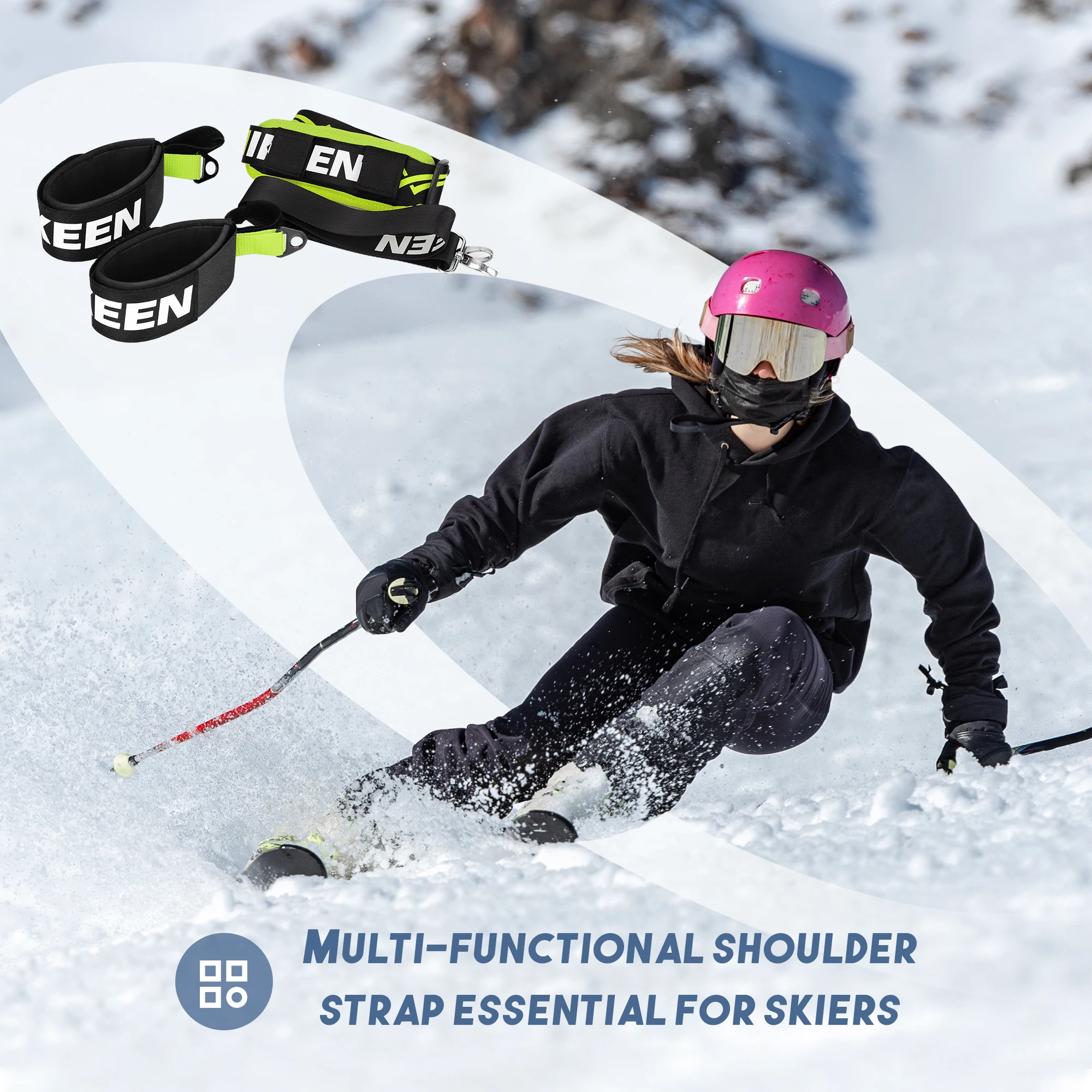 Hikeen Ski Carrier Straps Poles and Boot Downhill Skis Straps with Adjustable Anti-slip Shoulder Sling Metal Buckle Swivel Hook