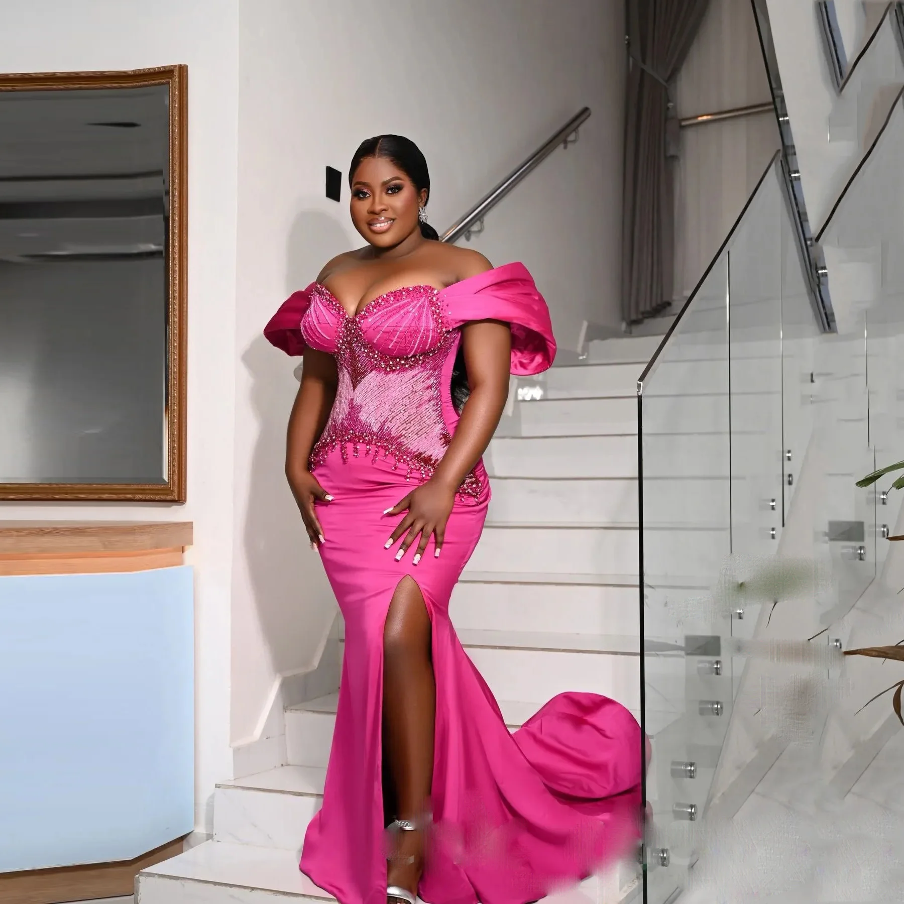 Pink Sequin Mermaid Evening Dress Plus Size Prom Dresses for Women Off Shoulder Hand Made Rhinestones Crystals Prom Gowns Split