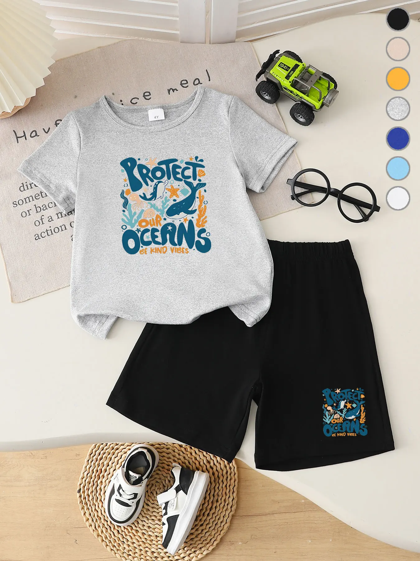 Summer Children's Ocean Theme Eco-Printed Boys' Set 'Protect Our Oceans' Short Sleeve T-Shirt And Shorts Two-Piece Set