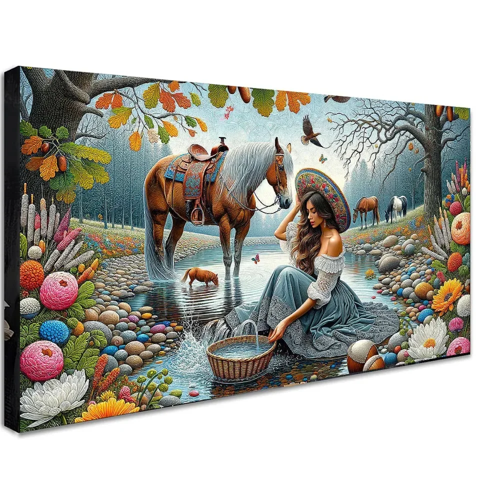 Cowboy Lady Horse Diy Diamond Painting Large Size,Full Diamond Mosaic Embroidery Cross Stitch Kit Forest Stream Art Home Decor