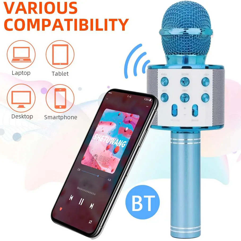 Wireless Karaoke Microphone Bluetooth Handheld Portable Speaker Home KTV Player with Dancing LED Lights Record Function for Kids