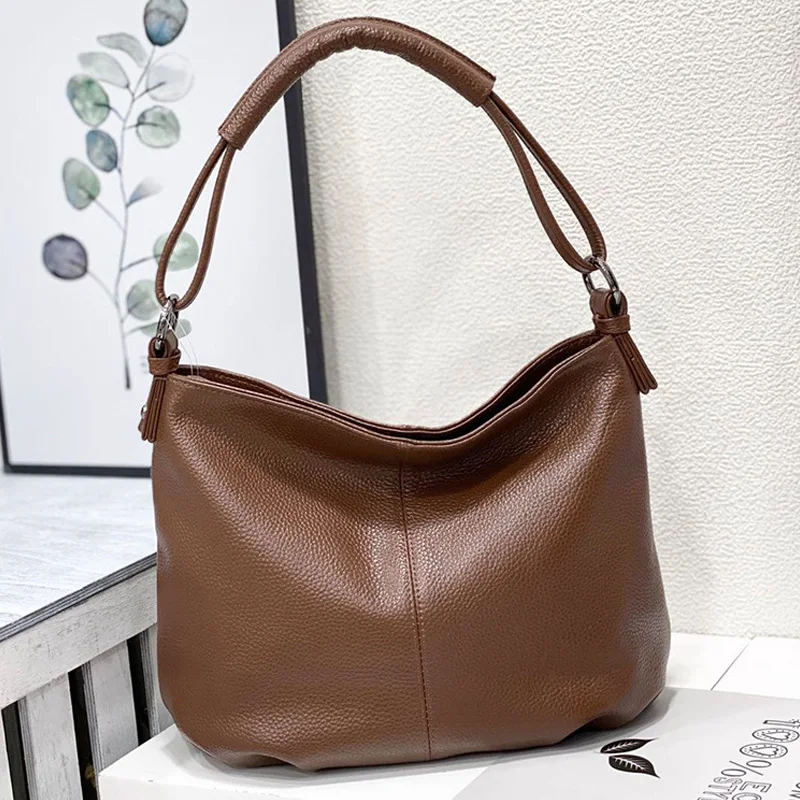 Genuine Leather Fashion Women\'s Single Shoulder Crossbody Pleated Mom Bag Casual Tote Head Layer Cowhide Designer Bags Luxury