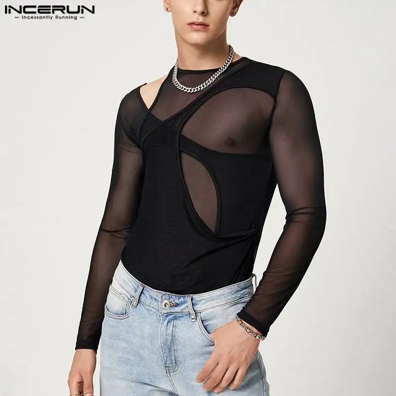 INCERUN Men Mesh Bodysuits See Through Underwear O-neck Long Sleeve Sexy Irregular Rompers Pajamas Hollow Out Men Bodysuit S-5XL