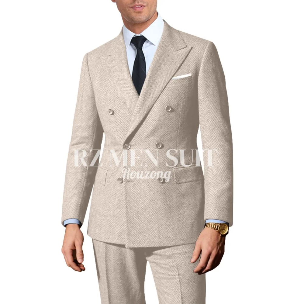 

Retro 2 Pieces Suit Men Slim Fit Formal Double Breasted Tweed Herringbone Men Suit Jacket Pants Set Wedding Tuxedo