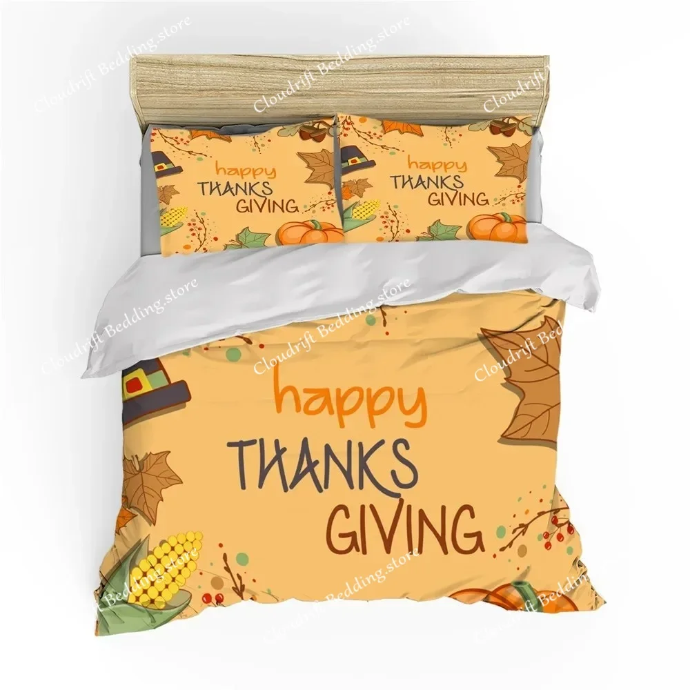 Autumn Thanksgiving Day Duvet Cover King Queen Cartoon Orange Pumpkin Turkey Bedding Set Maple Leaves Soft Polyester Quilt Cover