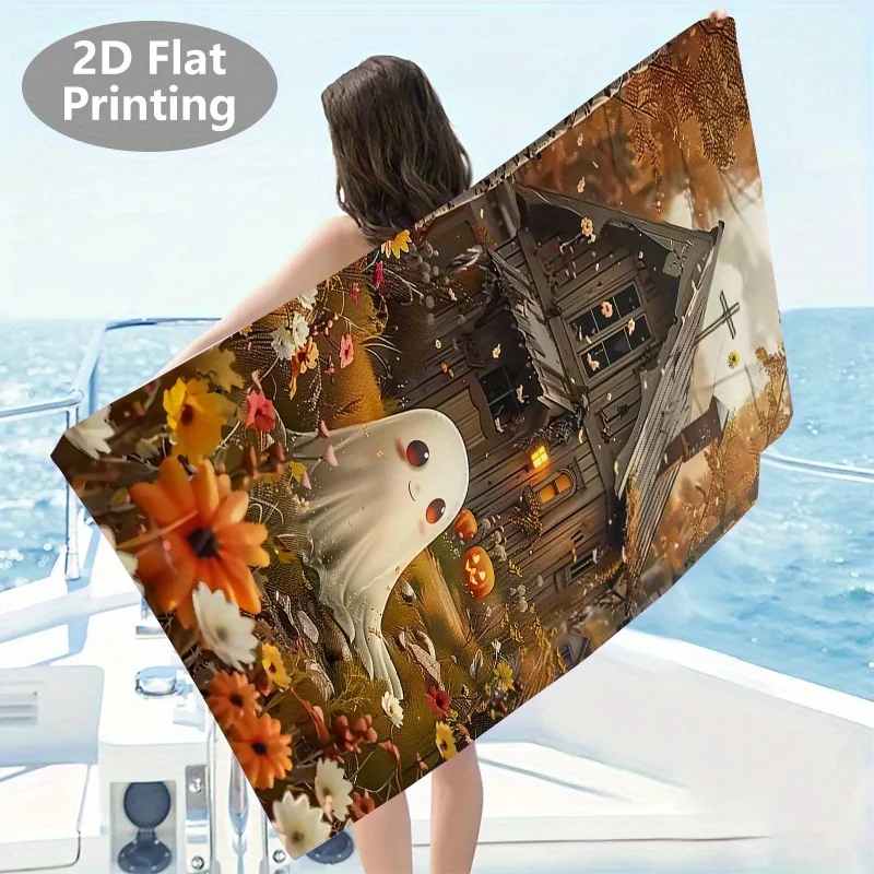 Newest Beach Towel Vintage Haunted House Cute Ghost Autumn Floral Pumpkin Print Microfiber Beach Towel Quick Swimming Bath Towel