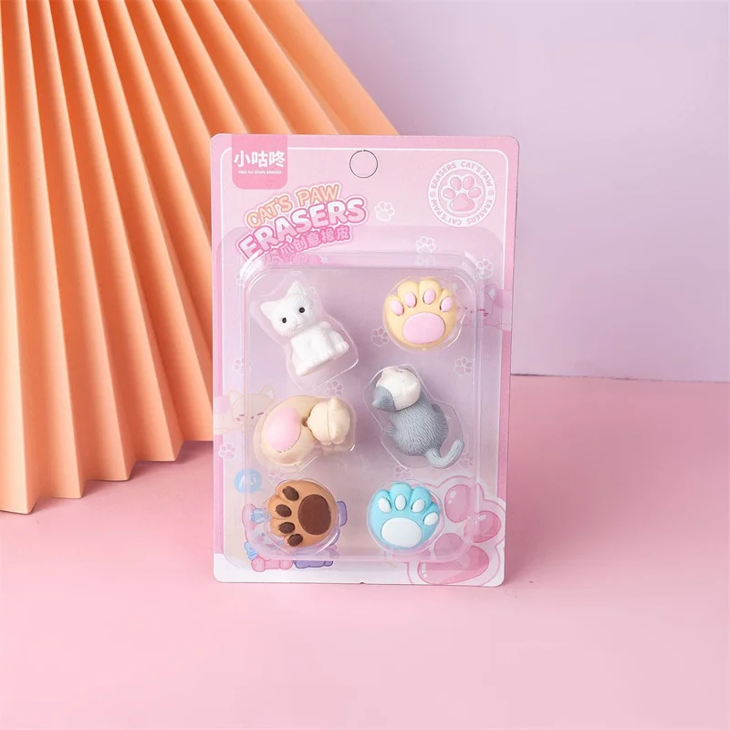 12set/lot Kawaii Cat paw Eraser Set Cute Writing Drawing Pencil Erasers Stationery For Kids Gifts School Supplies