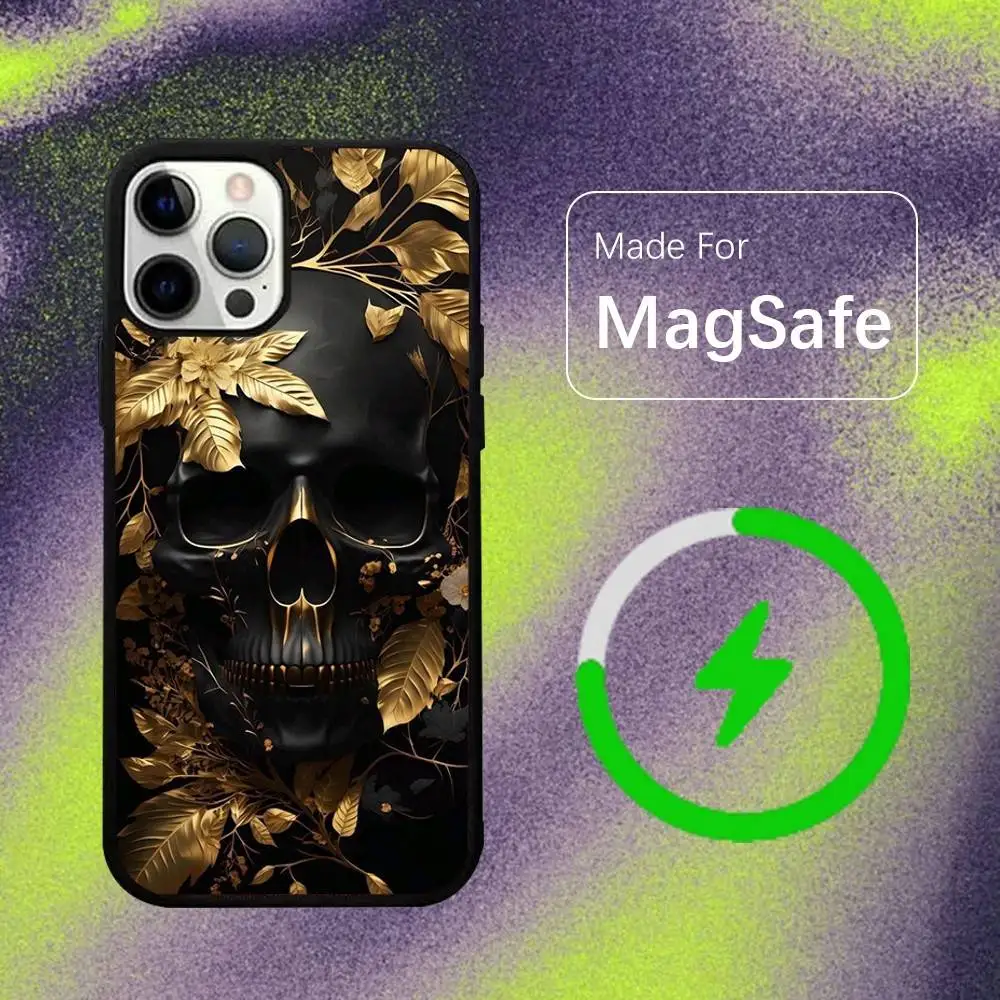 Golden Skull COOL Handyhülle für iPhone 17,16,15,14,13,12,11,Pro,Max,Plus,Mini,SE,Air Magsafe magnetisches kabelloses Laden
