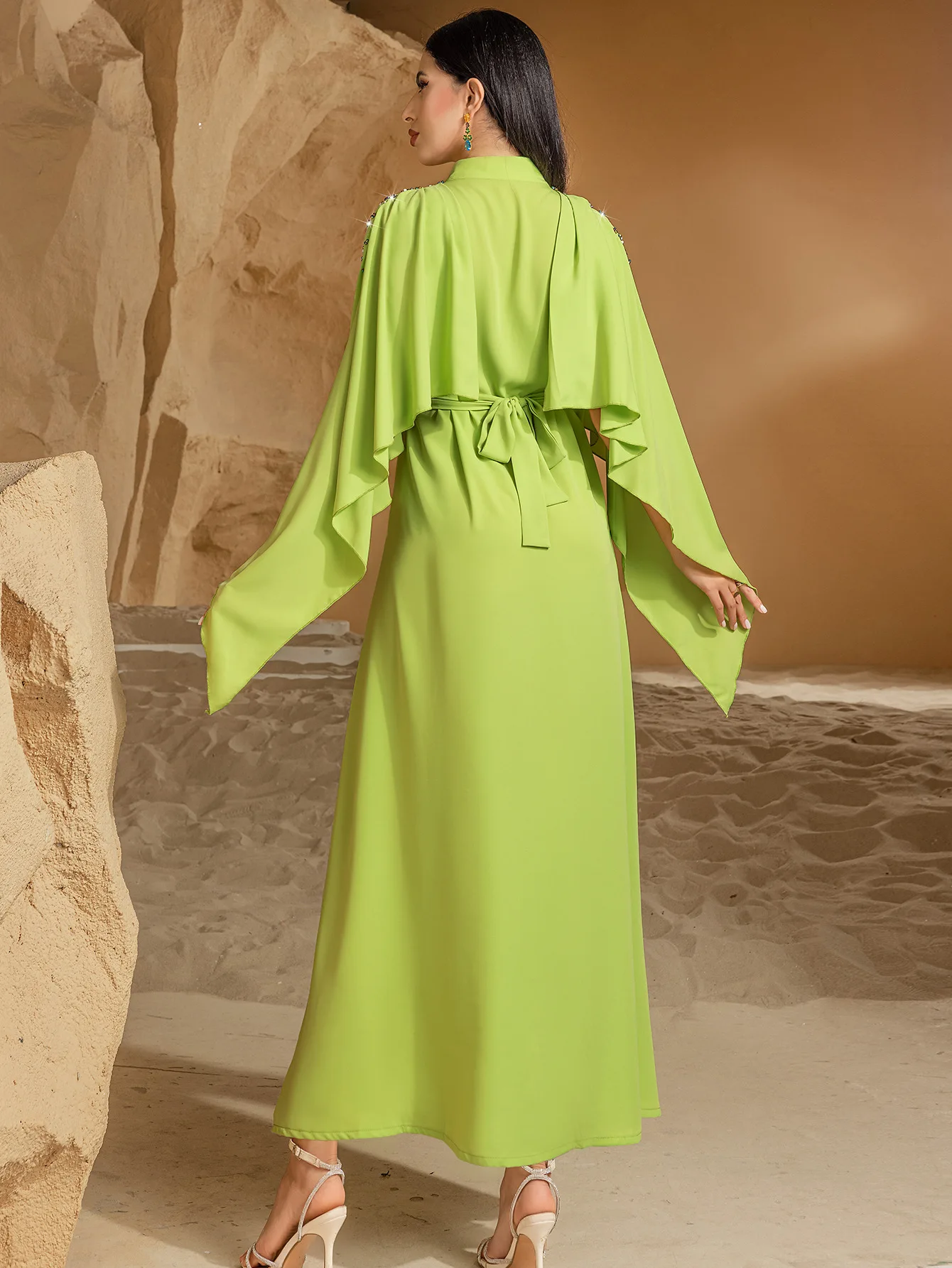 Naher Osten Ramadan Marokko Muslingo Grün Halb Stehkragen Schal Kleid Arabisches Dubai Kleid Luxus Mode Hot Diamond Abendkleid
