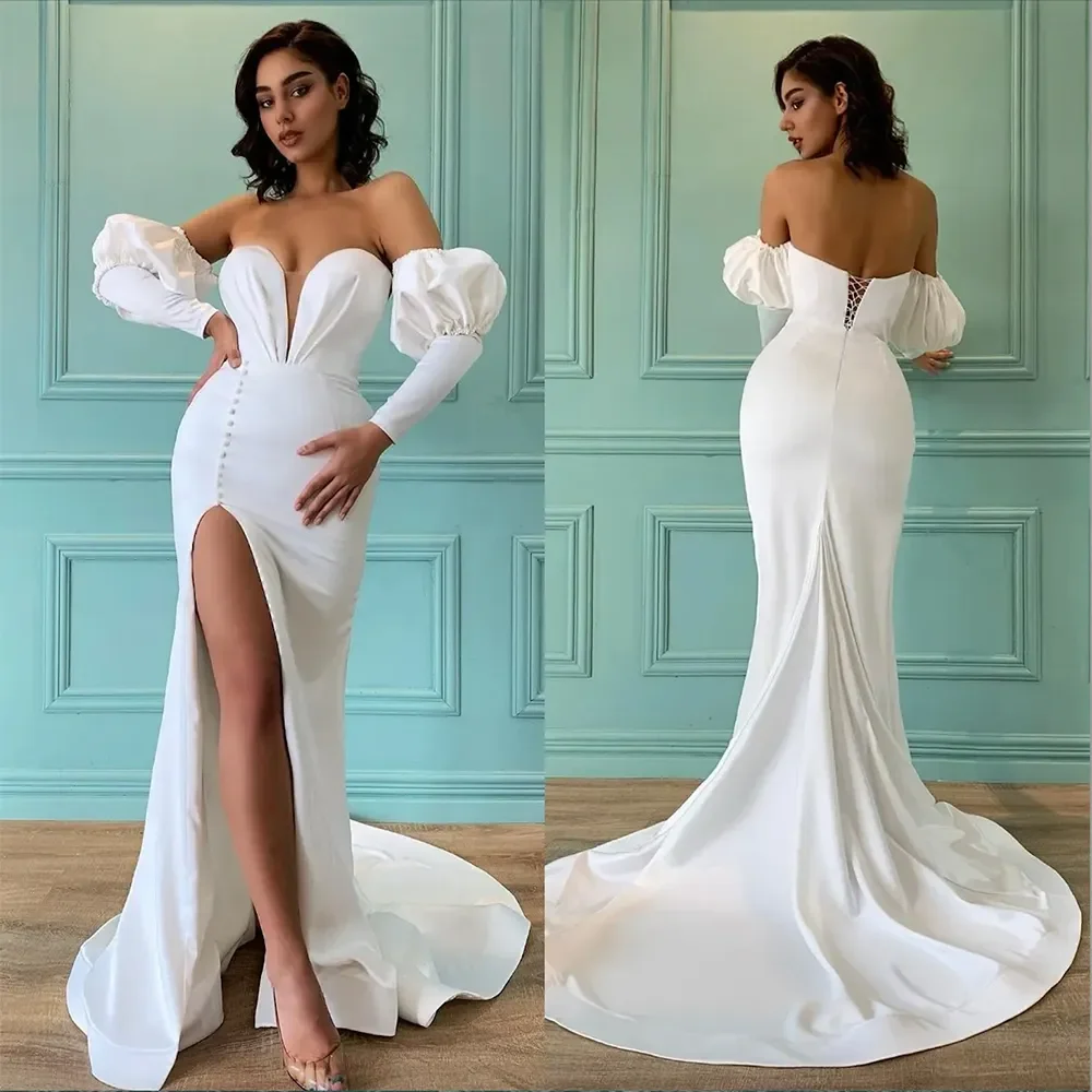 

Sexy Mermaid Sweetheart backless Long sleeve wrap hip Evening dress floor length beach outdoor romantic bridal party dress