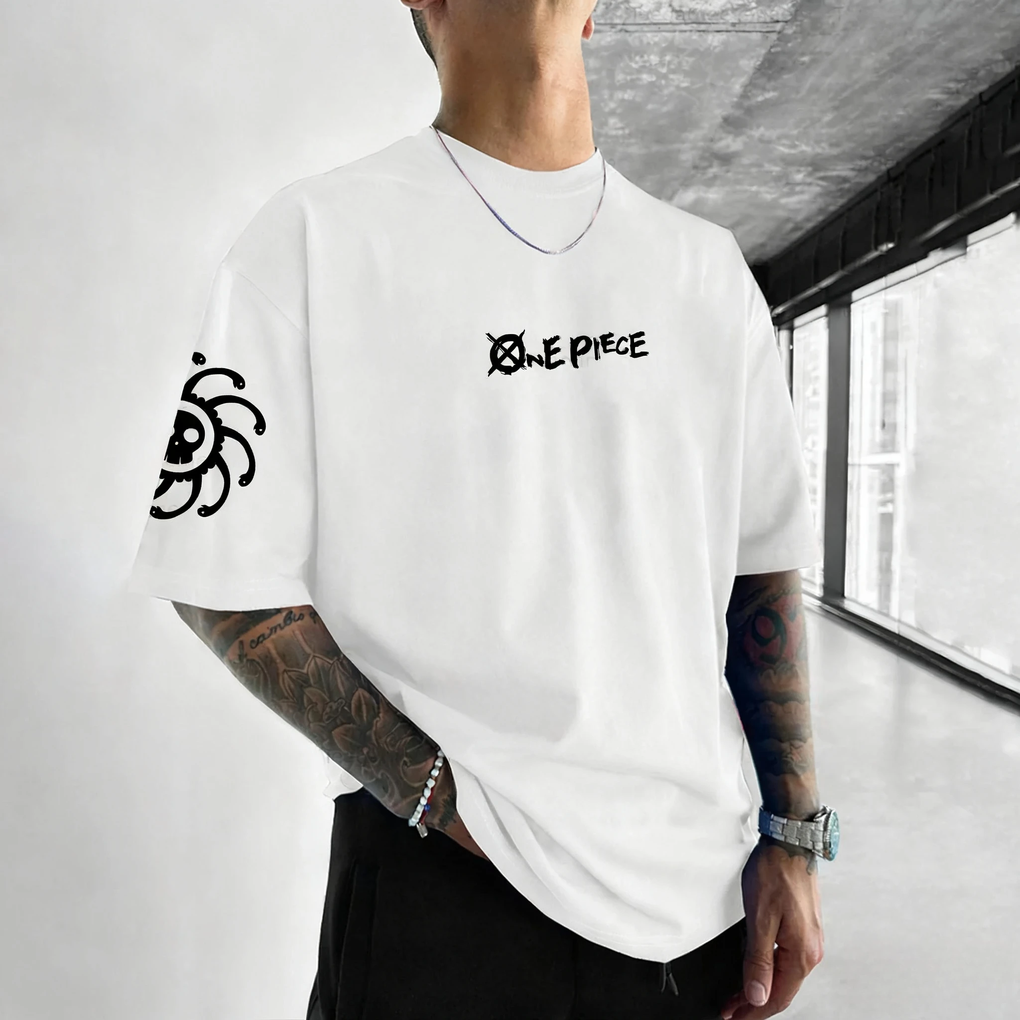 قطعة واحدة لوفي مطبوعة القطن قصير الأكمام الأمريكية فضفاضة الرجال والنساء الصيف تنفس الرياضة جولة الرقبة تي شيرت #2