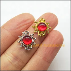 15Pcs Antique Silver Color & Gold Color Sun Flower Red Glaze Charms Pendants Connectors 14x15mm