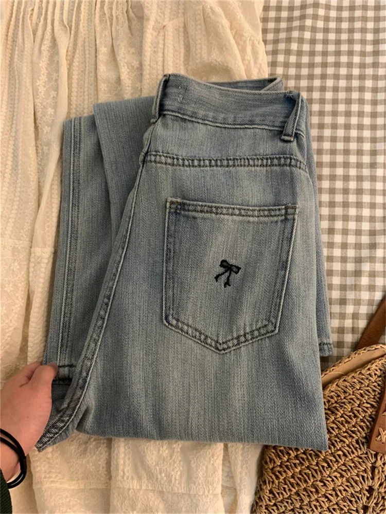 

Модные прямые джинсы с бантом-бабочкой, свободного кроя, для мужчин и женщин, весна-осень, утягивающие широкие брюки