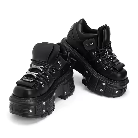 New Punk Style Women Shoes Lace-up Heel Height 6CM Platform Shoes Woman Gothic Ankle Rock Boots Metal Decor Woman Sneakers