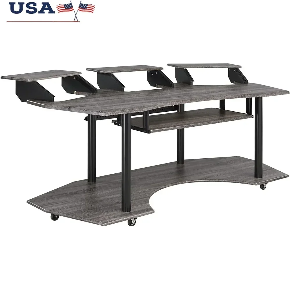 

Wooden 4-Shelf Music Recording Studio Desk Computer Workstation with Keyboard Tray 3 Stand Caster Wheels CPU Storage