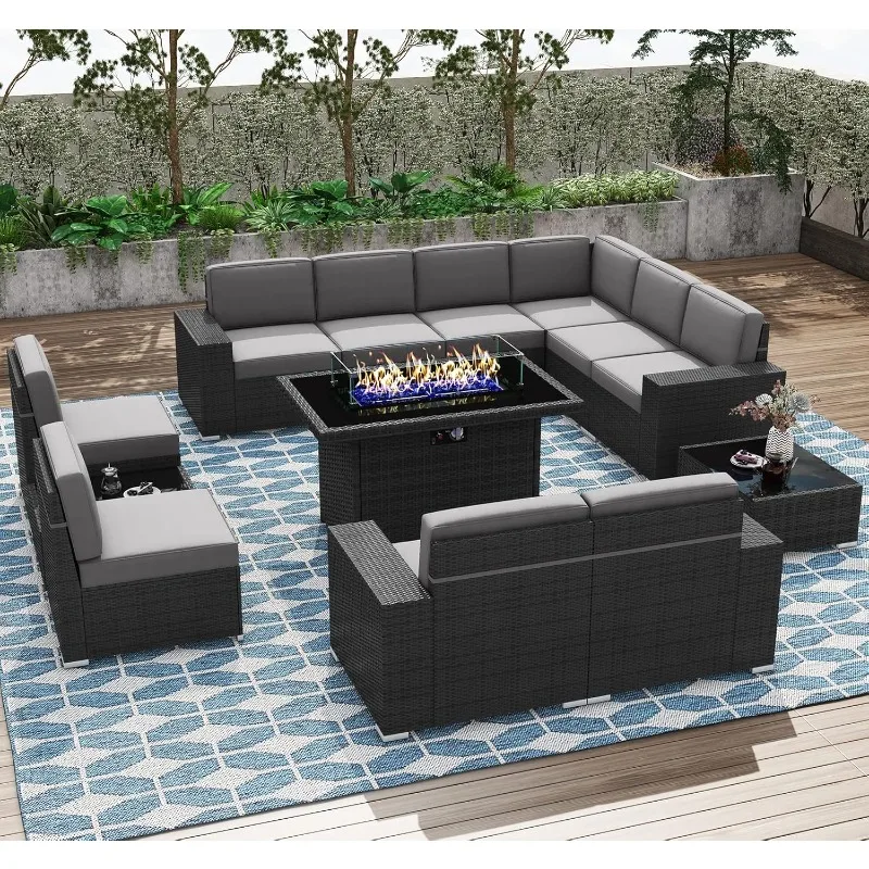 

13 Pieces Patio Furniture Conversation Sofa Set with 44" Propane Gas Fire Pit Table, Outdoor Sectional Black Rattan Wicker