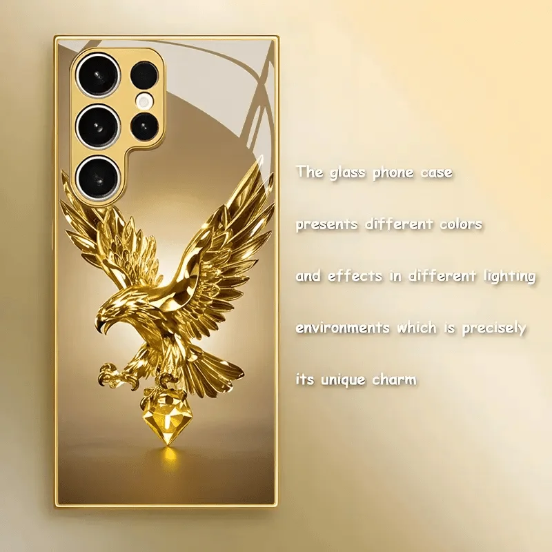 Golden Eagle Metallic paint Glass Phone Case Suitable for Samsung Galaxy S26 S25 S24 S23 S22 FE/Ultra/Plus Anti Drop Back Cover