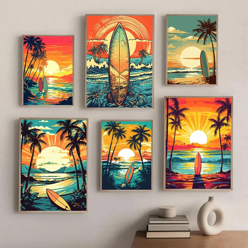 Vintage Surf Board Posters Prints Abstract Sea Beach，sunrise, Sunset, Surfboard Retro Canvas Painting Wall Art Home Decor Mural