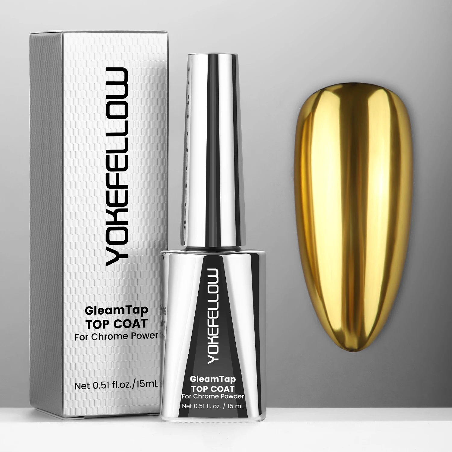 NEW YOKEFELLOW GleamTap Top Coat for Chrome Powder HEMA&TPO Free 15ML Top Coat with Maximum Retention Protects Against Lifting