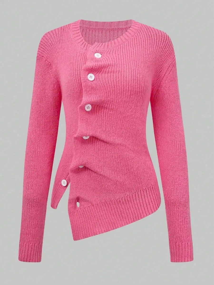 

Womens Knit Cardigan With Asymmetric Hem And Round Neck Front Button Pullover