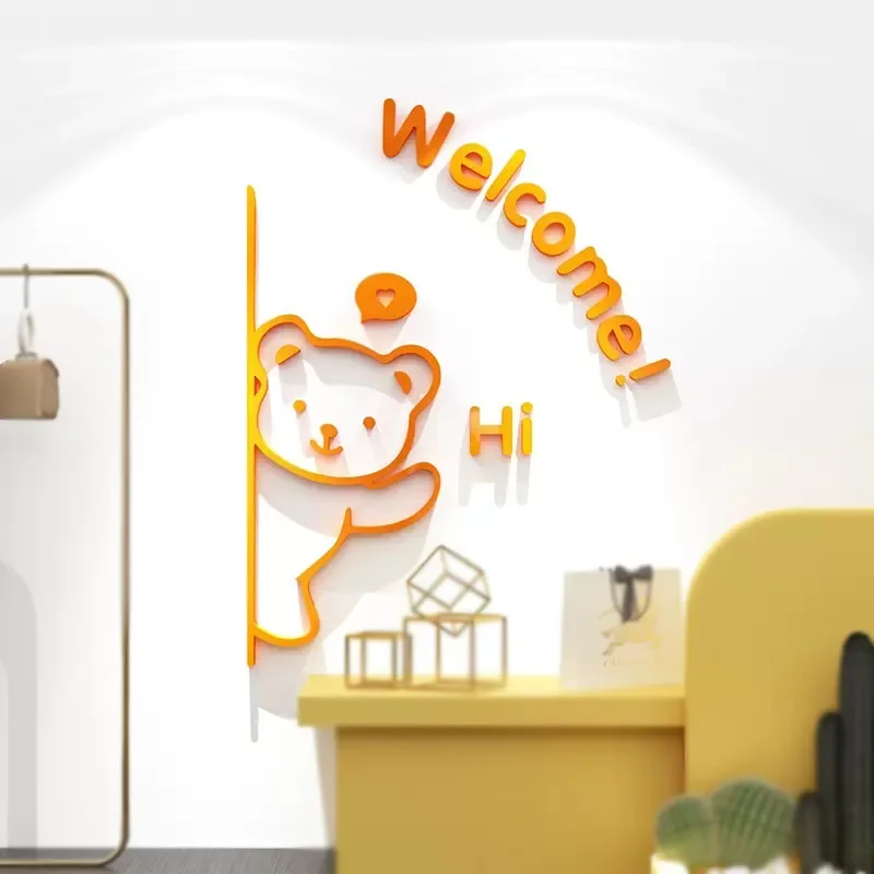 3D Wall Mirror Stickers Welcome Bear Home Decor Acrylic Self-adhesive Hi Bear Stickers For Shop Door Window Decorative Mirrors