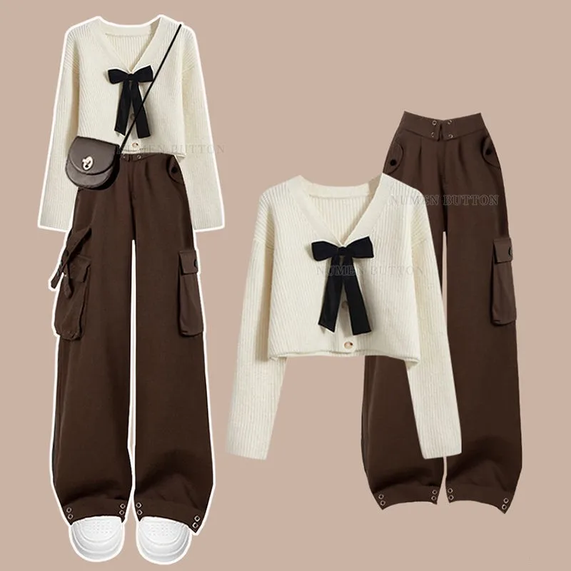 

Women's Spring Autumn New Fashion Bow Knit Sweater Coat+Work Pants Two Piece Suit Korean Elegant Cardigan Trousers Matching Set