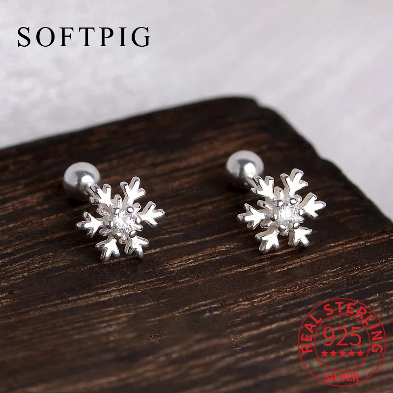 

SOFTPIG Real 925 Sterling Silver Snowflake Screw Bead Zircon Mini Stud Earrings for Women Fine Jewelry Light Luxury Accessories