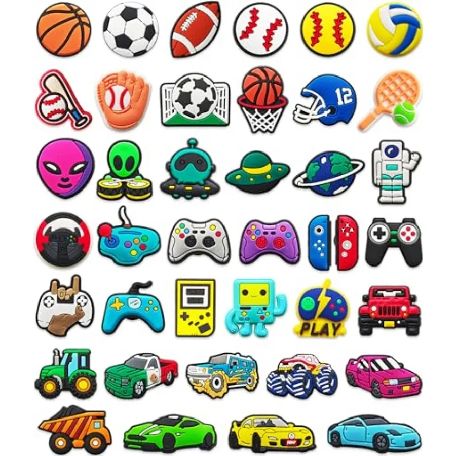 

40PCS Cute Cartoon Shoe Charms for Boys, Bulk Sports Game Car and Space Fans Shoe Decoration Pins for Clog Fun Accessories for