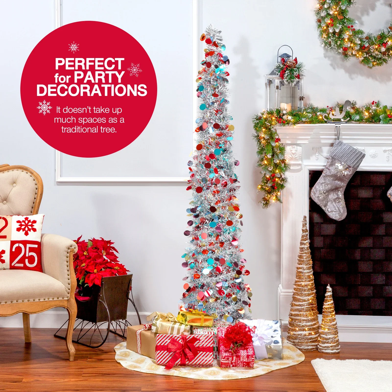 5Ft Foldable Pencil Christmas Tree, Easy To Assemble and Store, Pop-Up Christmas Tree Artificial Ultra-Thin Sequin Christmas and Halloween Decoration for Autumn Home Decoration Fireplace Home Porch Holiday Christmas, Winter Party Decoration