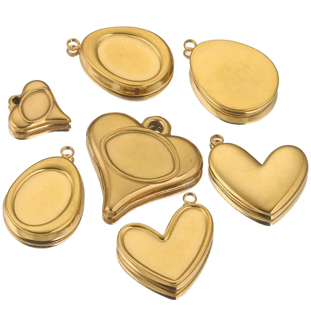5pcs Stainless Steel Plated Gold Cartoon Heart Charms Pendant Blank Base Diy UV Resin Cameo Earrings Jewelry Making Supplies