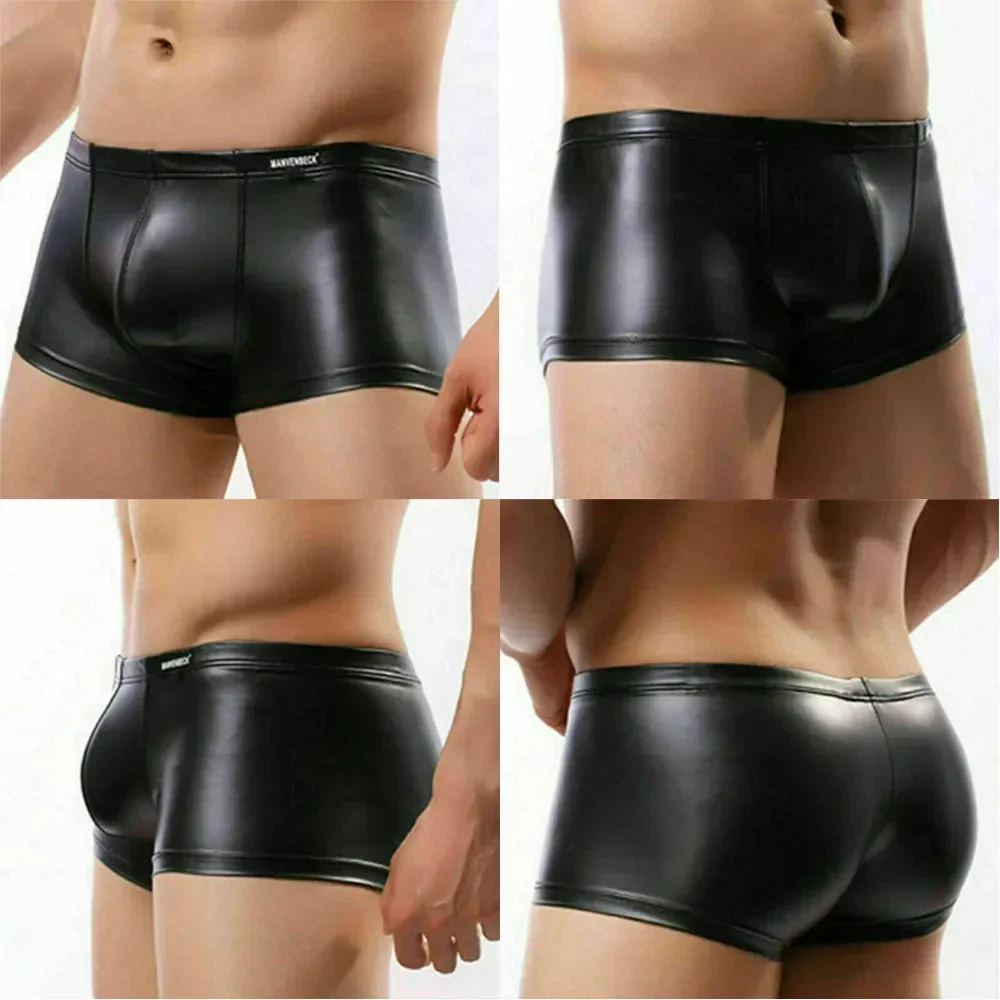 1pc Fashion Men\'s Faux Leather Underwear Boxers Shorts Solid Color Sexy Bulge Pouch Briefs Trunks Man Panties