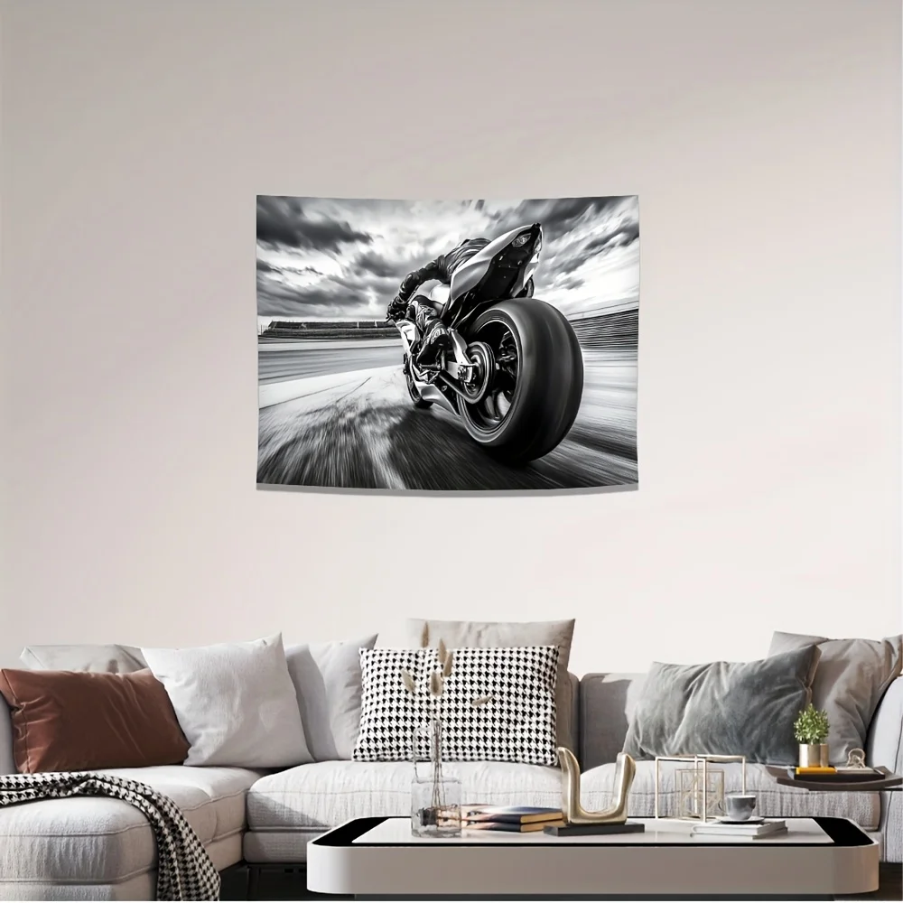 Motorcycle Speed Tapestry - Black & White Racing Bike Art, Dynamic Motion Wall Decor Biker Room Accents Polyester Multiple Sizes
