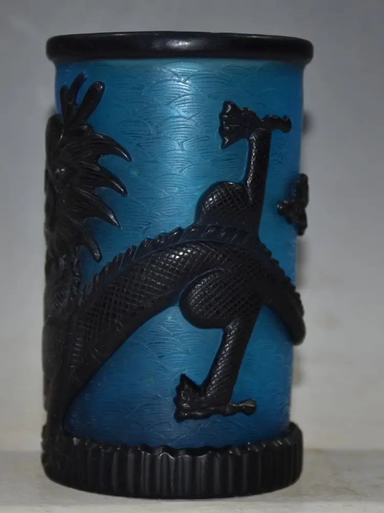 Chinese Old The Colored Glass carved dragon pen holder