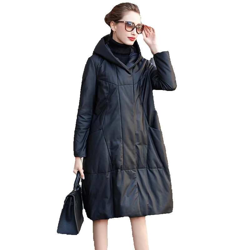 

New Sheepskin Leather Coat Women's Loose Leather Down White Duck Down Hooded Long Coat