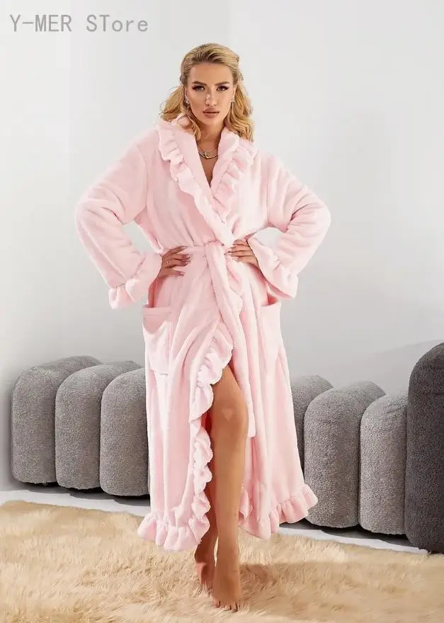 Women Long Warm Bathrobe for Ladies Autumn Winter Thick Coral Fleece Robe Soft Fluffy Loungewear Homewear Night Gown 3
